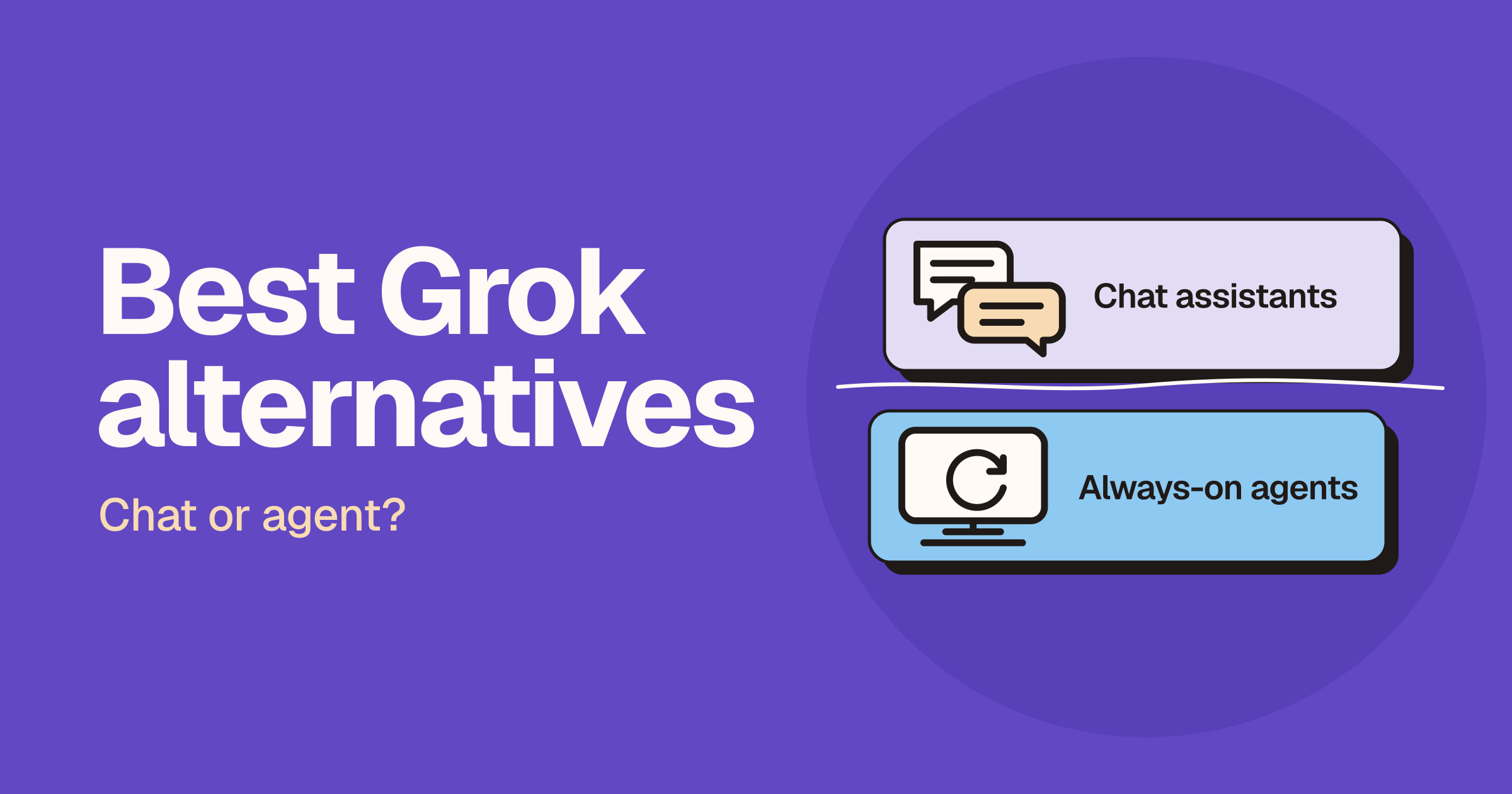 Best Grok alternatives. Speech-bubble outlines for chat assistants and a screen with a loop arrow for always-on agents, on a purple field.