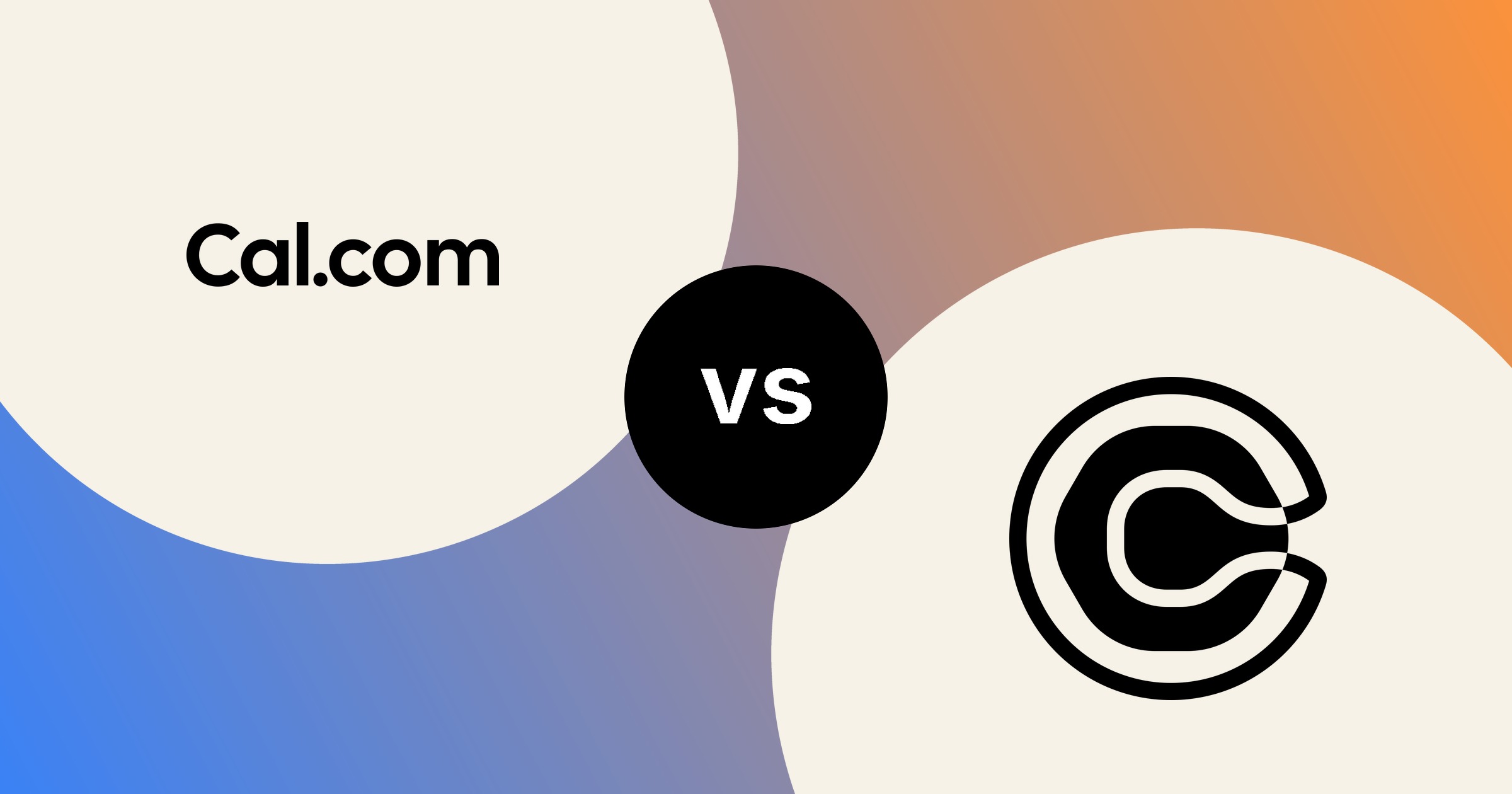 The Cal.com wordmark and the Calendly C mark, in solid black on cream circles, on a blue to peach gradient, with a black vs badge between them.