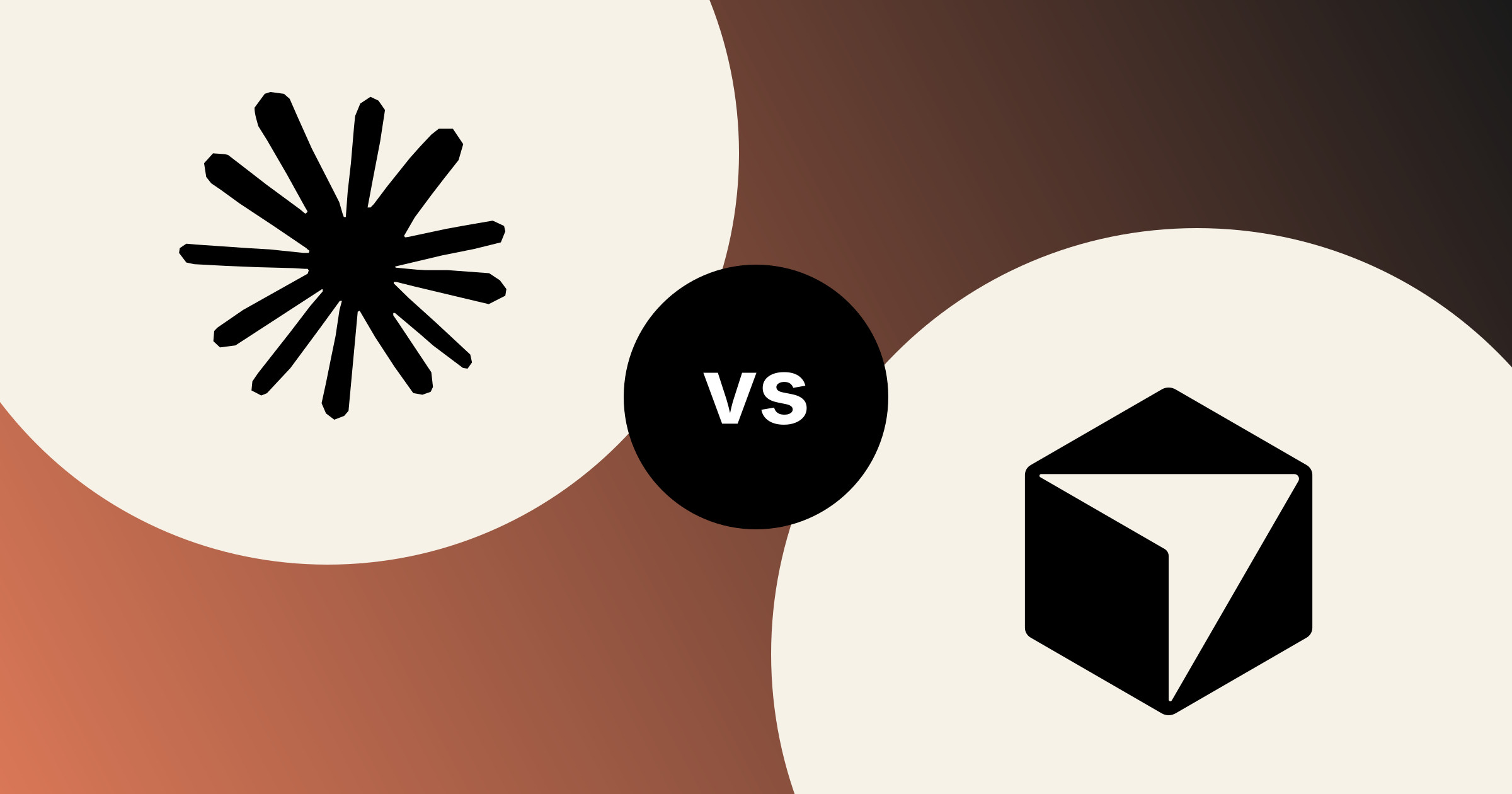 The Claude mark and the Cursor mark, in solid black on cream circles, on a clay to near-black gradient, with a black vs badge between them.