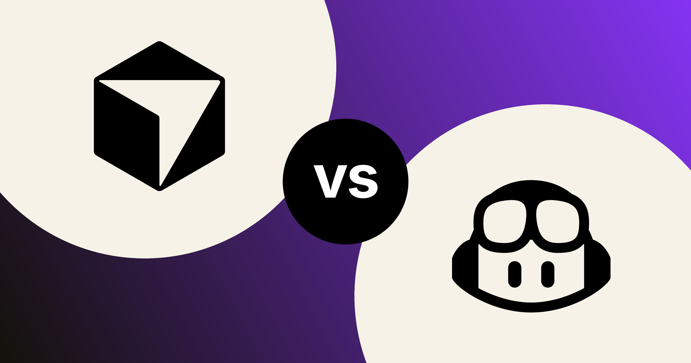 The Cursor cube with its top-face cursor arrow, and the GitHub Copilot mark, in black on cream circles, on a Cursor black to Copilot purple gradient, with a black vs badge between them.