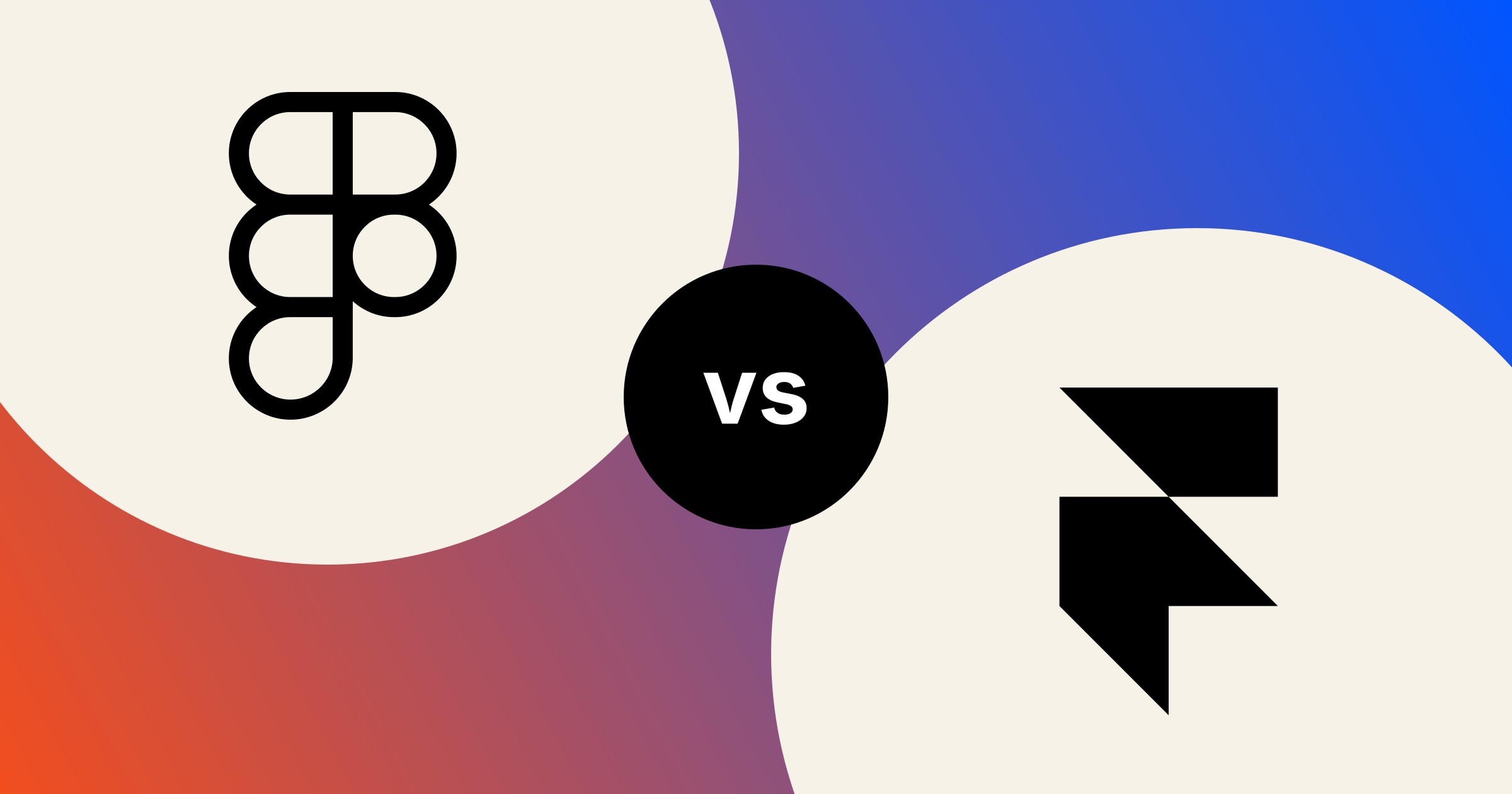 The Figma mark and the Framer mark, in solid black on cream circles, on a Figma red to Framer blue gradient, with a black vs badge between them.