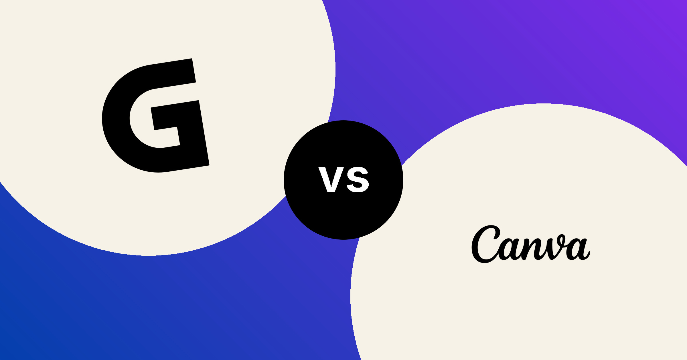 The Gamma G mark and the Canva wordmark, in solid black on cream circles, on a blue to purple gradient, with a black vs badge between them.