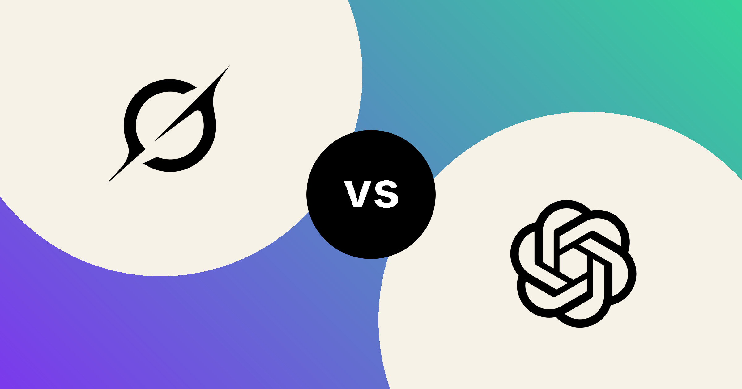 The Grok mark and the ChatGPT blossom mark, in solid black on cream circles, on a violet to mint gradient, with a black vs badge between them.