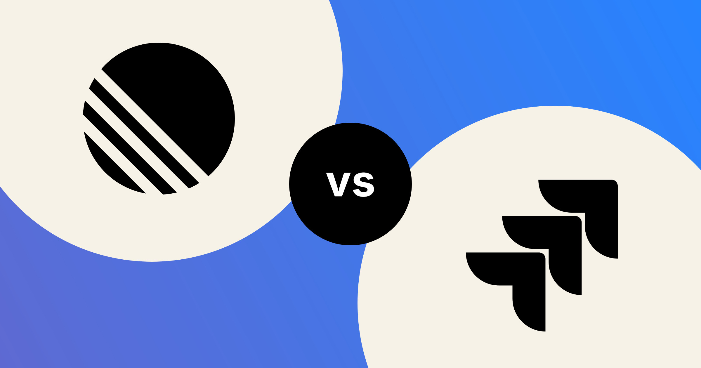 The Linear mark and the Jira mark, in solid black on cream circles, on a Linear indigo to Jira blue gradient, with a black vs badge between them.
