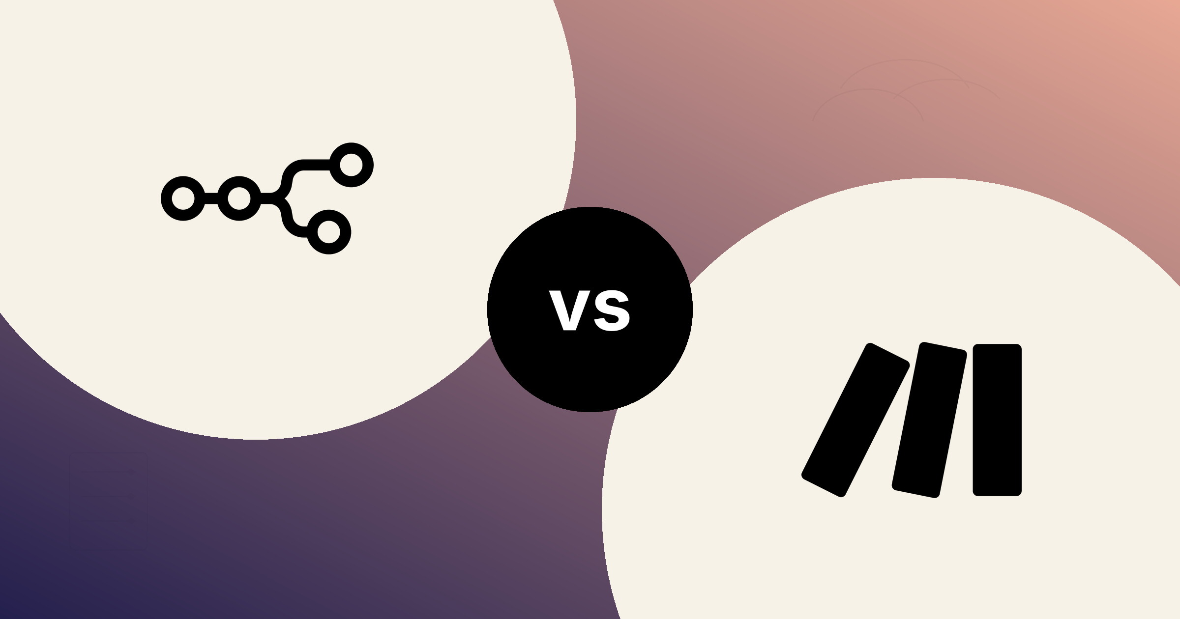 The n8n node graph and the Make bars, in solid black on cream circles, on an indigo to peach gradient, with a black vs badge between them.