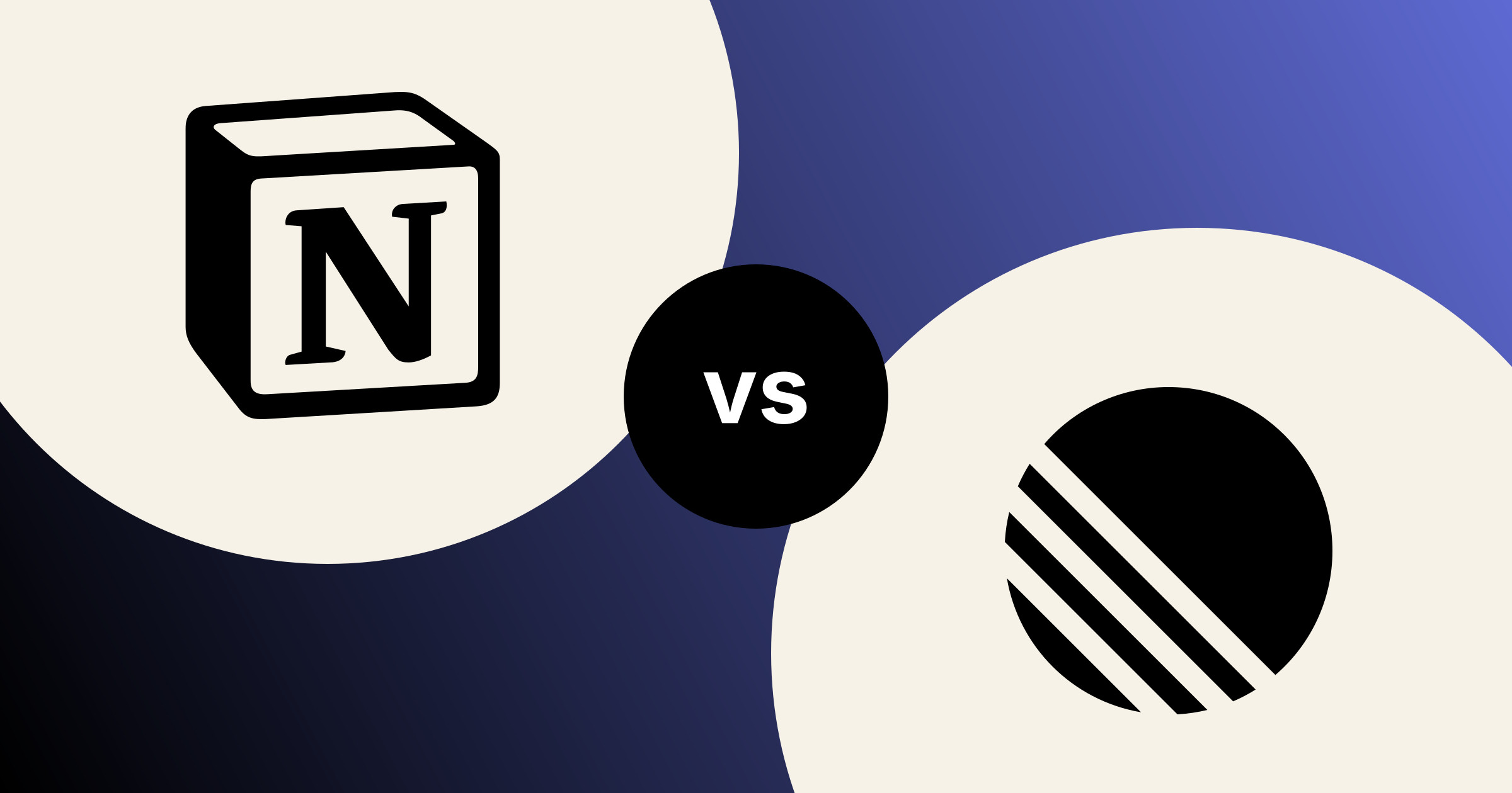 The Notion mark and the Linear mark, in solid black on cream circles, on a black to Linear indigo gradient, with a black vs badge between them.