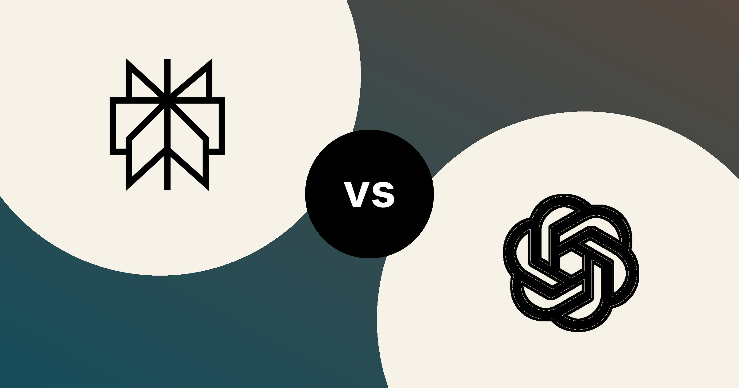 The Perplexity asterisk and the ChatGPT knot, in solid black on cream circles, on a teal to warm taupe gradient, with a black vs badge between them.