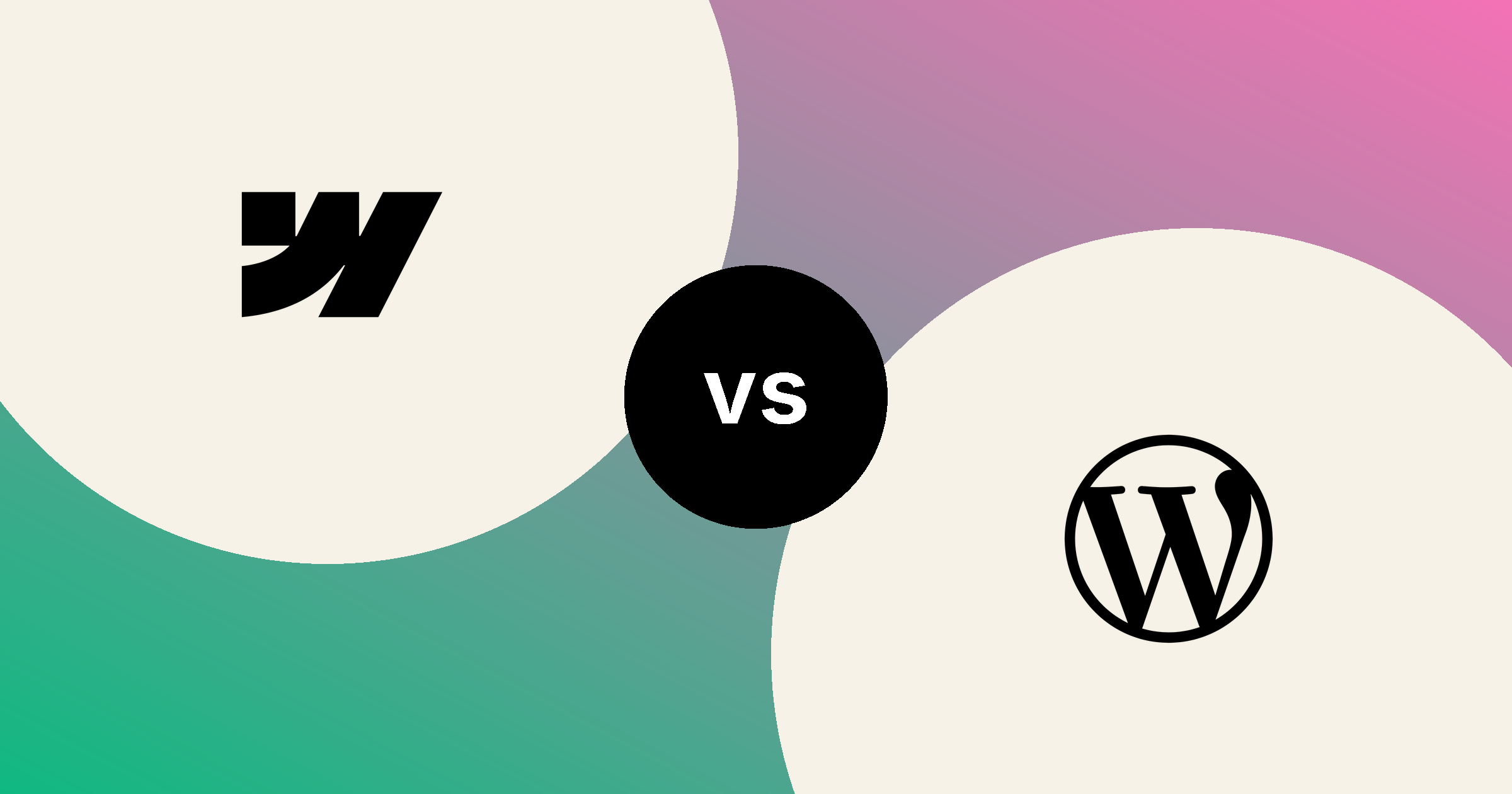 The Webflow mark and the WordPress mark, in solid black on cream circles, on a green to pink gradient, with a black vs badge between them.