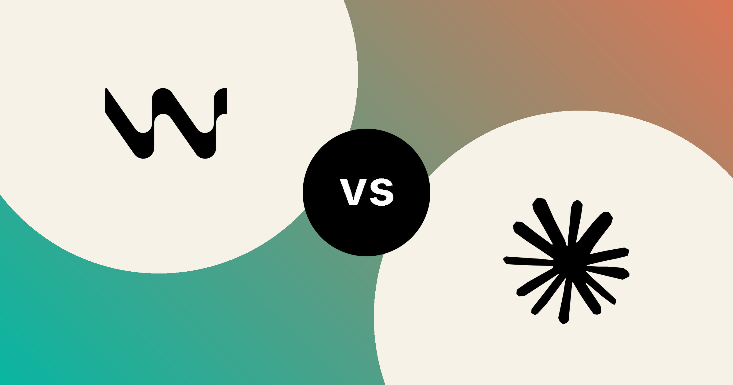 The Windsurf wave mark and the Claude starburst, in solid black on cream circles, on a teal to clay-orange gradient, with a black vs badge between them.